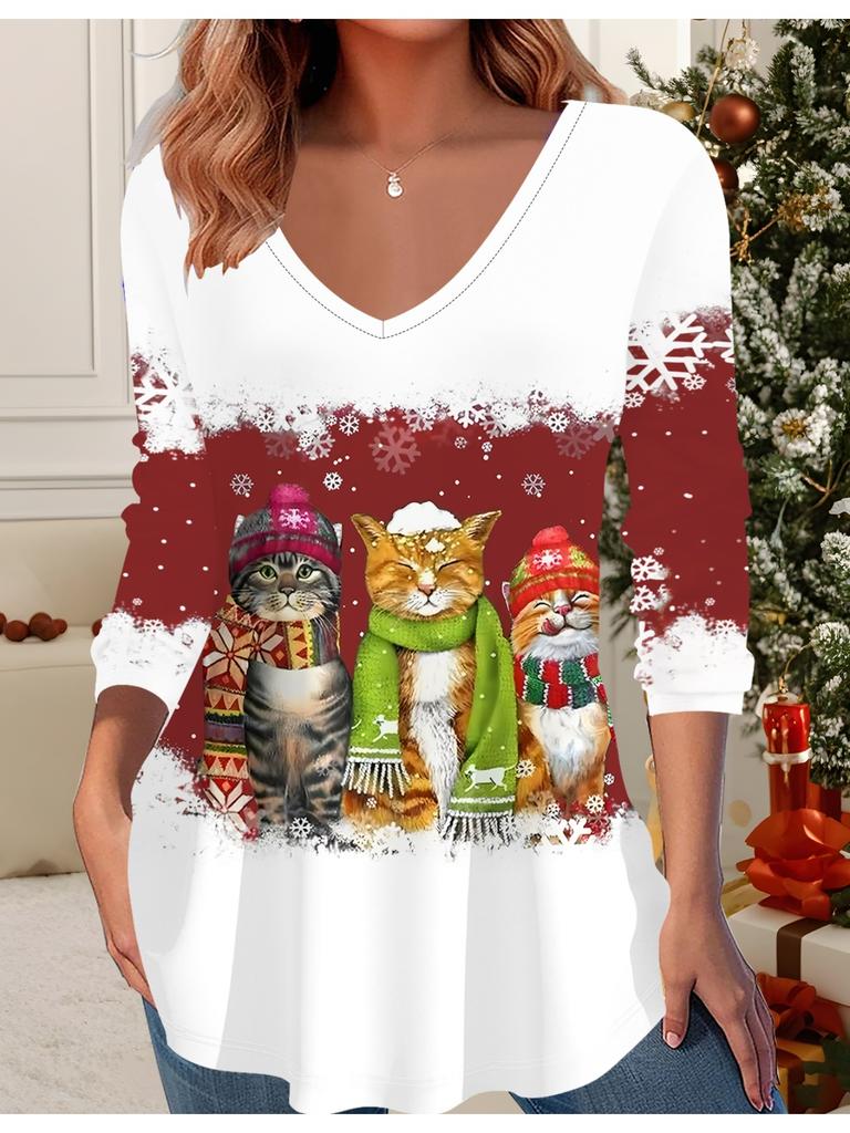 3D Weihnachten Bedrucktes Mode Lässiges Damen V-Ausschnitt Langarm T-Shirt - Neujahrsparty Kleidung Weihnachtsgeschenk