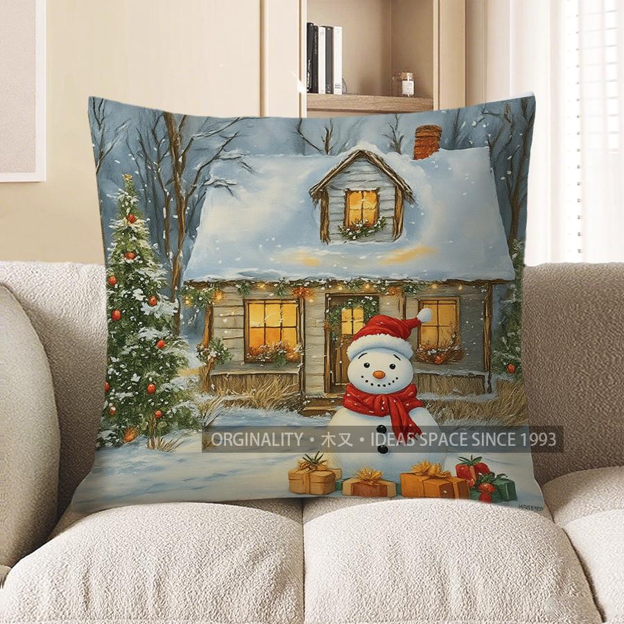 Home Decor Christmas Cottage And Snowman Throw Pillow Pattern Cushion Cover Suitable For Sofa Bedroom Car Pillow Cover