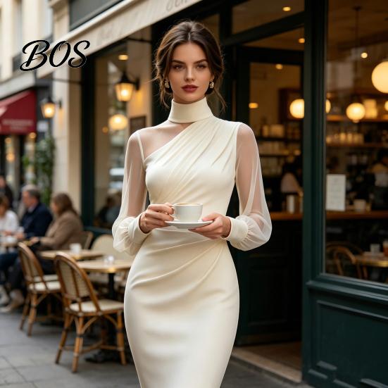 Everyday Casual Dress Women's Mesh Sheer Long Sleeve Mini Dress, Ruched Bodycon Mock Office Wear Women Neck Party Cocktail Formal Wedding Guest