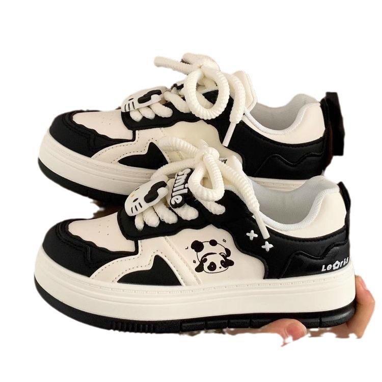 2025 Spring Niche Panda Black and White Ugly Cute Little White Shoes Children Platform Versatile Leisure Students Running Board Shoes Tide