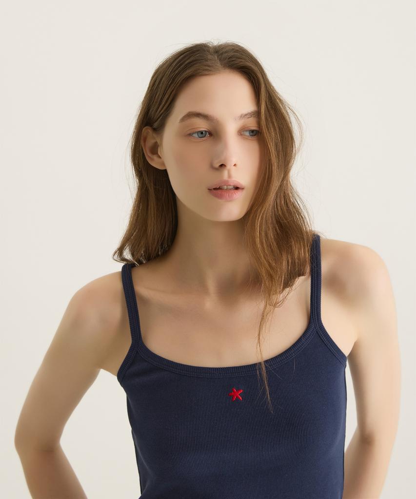 Oteumilkape Symbol Embroidered Ribbed Sleeveless Top - Navy