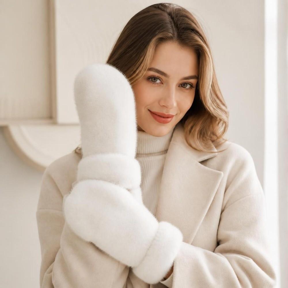 1pair Windproof Imitation Rabbit Fur Gloves Thickened Winter Mittens Simple Plush Gloves Women