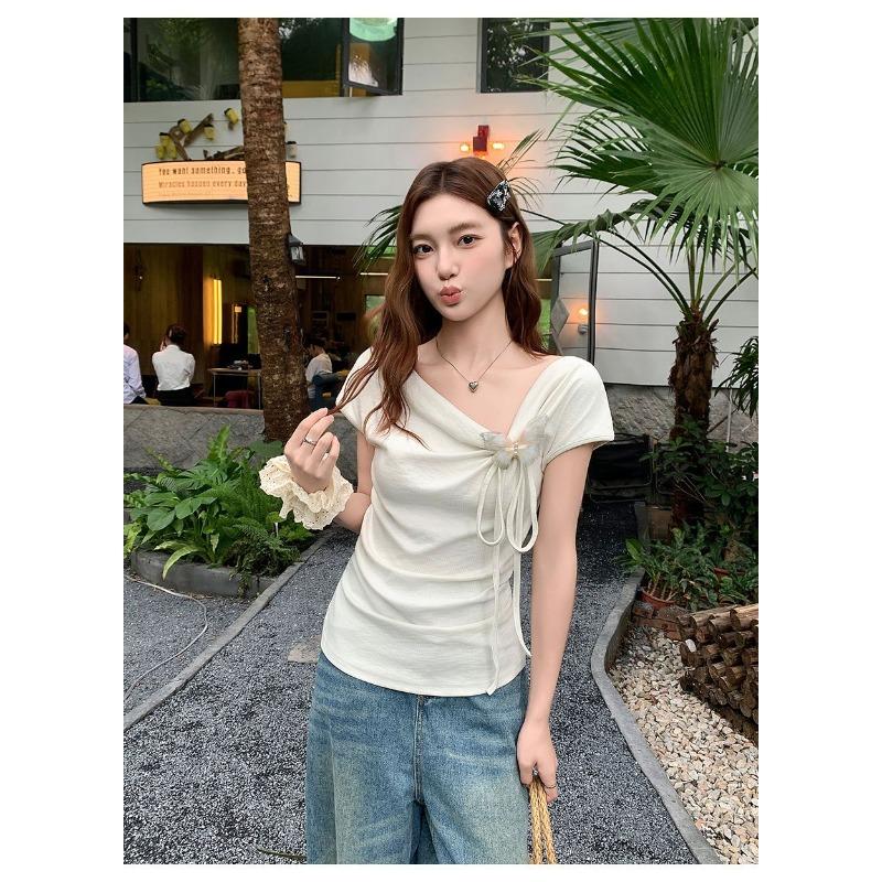 Swing Collar Slanted Shoulder Three-dimensional Bow Short-sleeved T-shirt Women's Summer Irregular Top