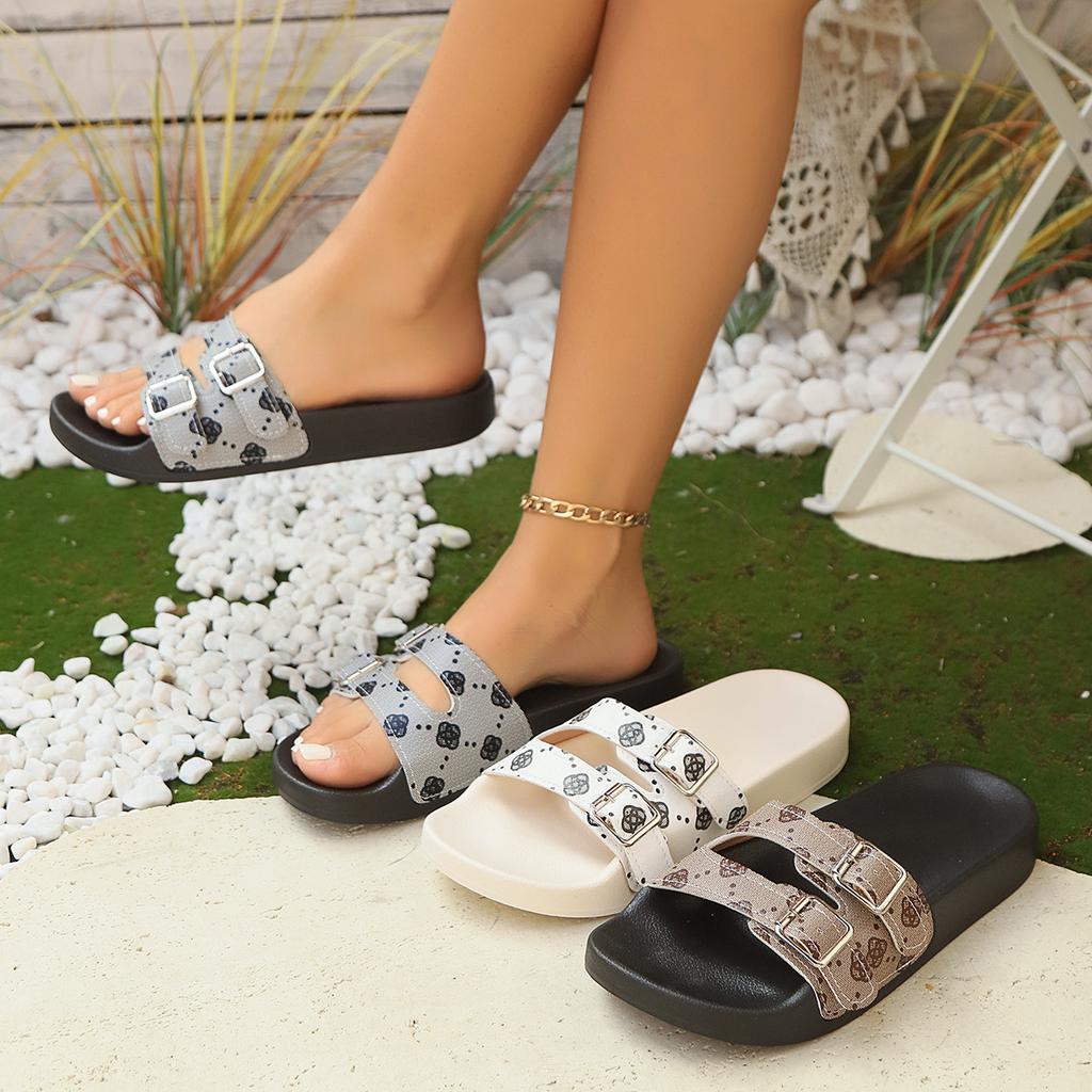 European and American Size 2025 New Slippers Women's Fashion Printed One-word Buckle with Thick-bottomed Casual and Comfortable Slippers