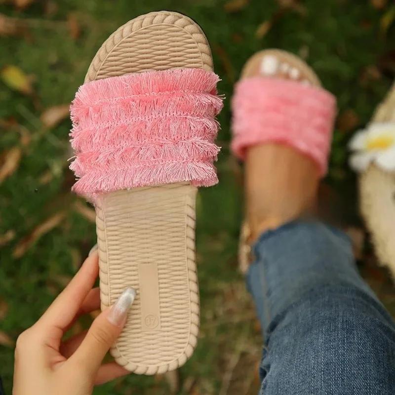 Summer Women Shoes New Bohemian Slippers for Women In Summer Comfortable Beach Sandals with Tassel Open Toe Flat Bottom Sandals