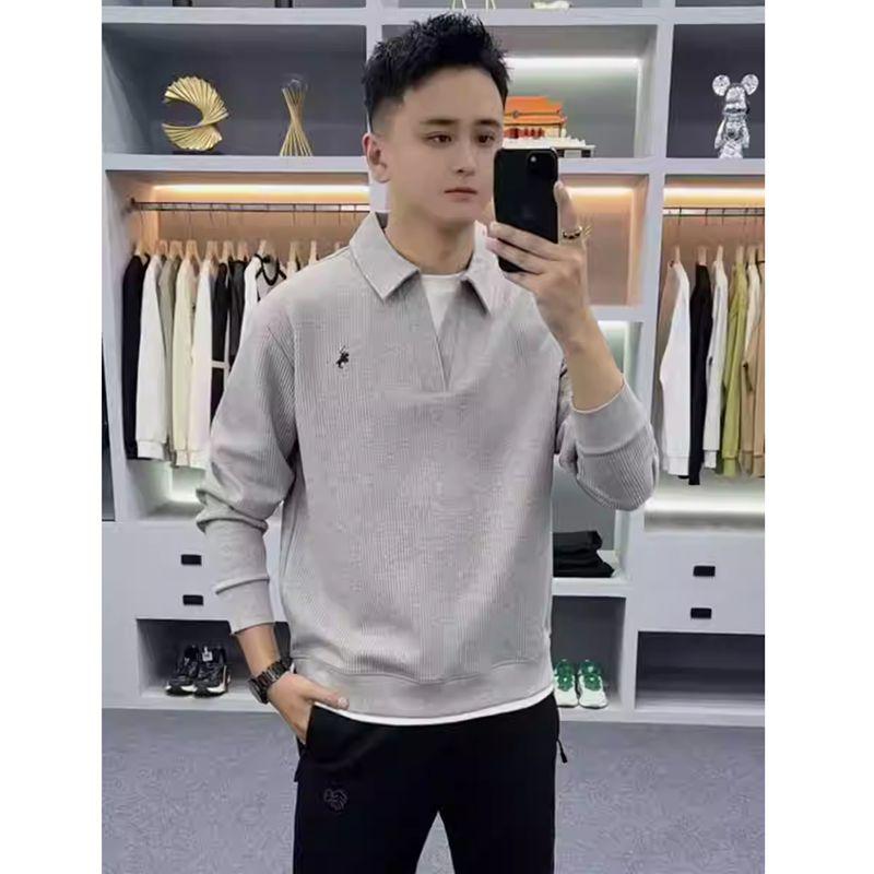 

Men s Autumn/Winter Patchwork Fleece-Lined Trendy Hoodie - Round Neck, Long Sleeve Base Layer 2XL сірий колір
