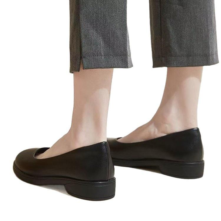 Shoes Black Round Head Low Heel Thick Sole Professional Shallow Mouth Leather Shoes Flat Sole Comfortable Single Shoes
