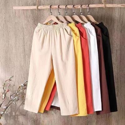 Women's High Waist Harem Cropped Pants Loose Fit Linen Cotton Tapered Trousers Solid Color Pocket Casual Nine Length Pants