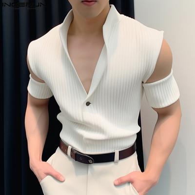 Uomo Revers Scollo a V Manica Corta Top Sottili Estivi Spalla Fredda T-shirt