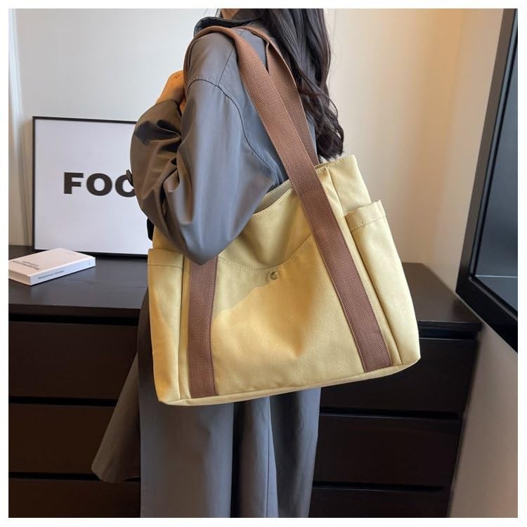 Tote Bag A4 Zippered Campus Plain Cotton Canvas Shoulder Bag Handbag Multiple Storage Pockets [RS SHOP] Women's Men's (Khaki)