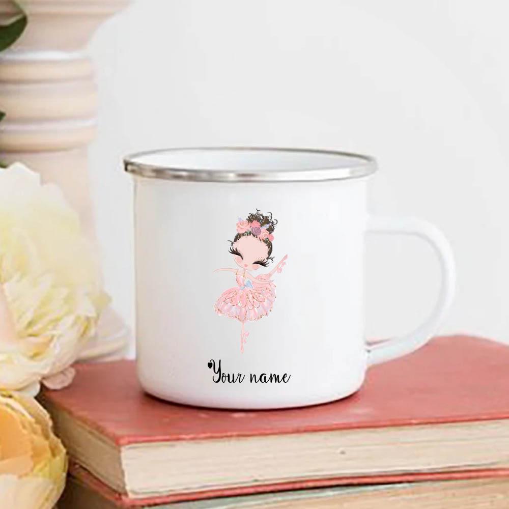 Personalized Name Ballerina Cups Custom Ballet Dance Hot Chocolate Juice Enamel Mug Girls Handle Mugs Birthday Children's Gifts