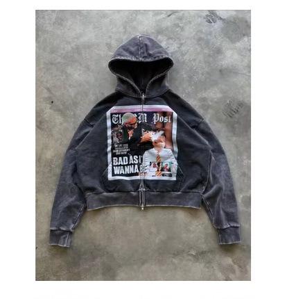 BAD zipper foreigner sweater ruffian handsome Internet celebrity hooded cardigan new printed top jacket S