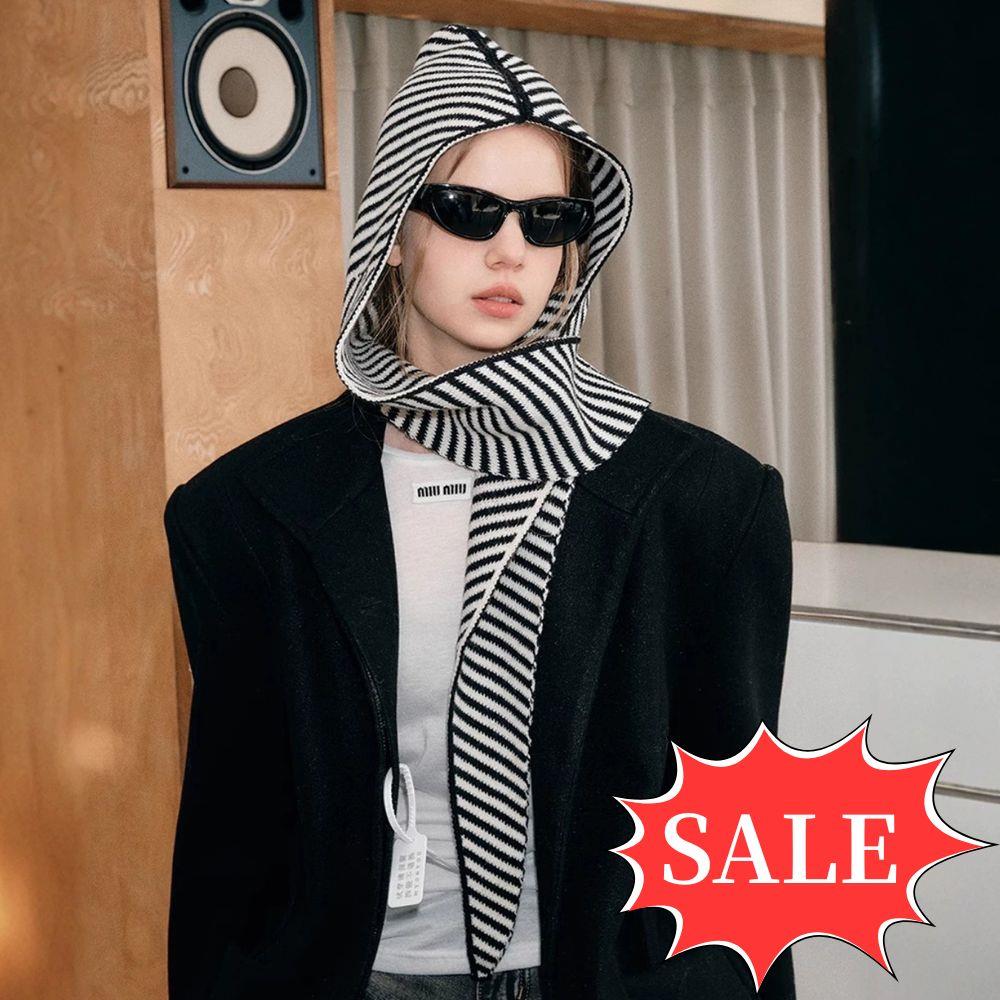 Winter Knitted Hat With Scarf Women Korean Striped Scarf Hat Fashion Shawl Neck Wool Knit Hat Multi-functional Hooded Scarf