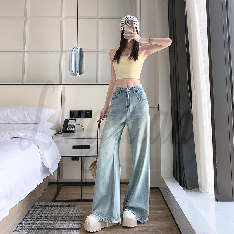 Women s Light Blue High-Waisted Micro-Flare Ripped Jeans – Spring Casual Loose Wide-Leg Bell Bottom Pants Medium