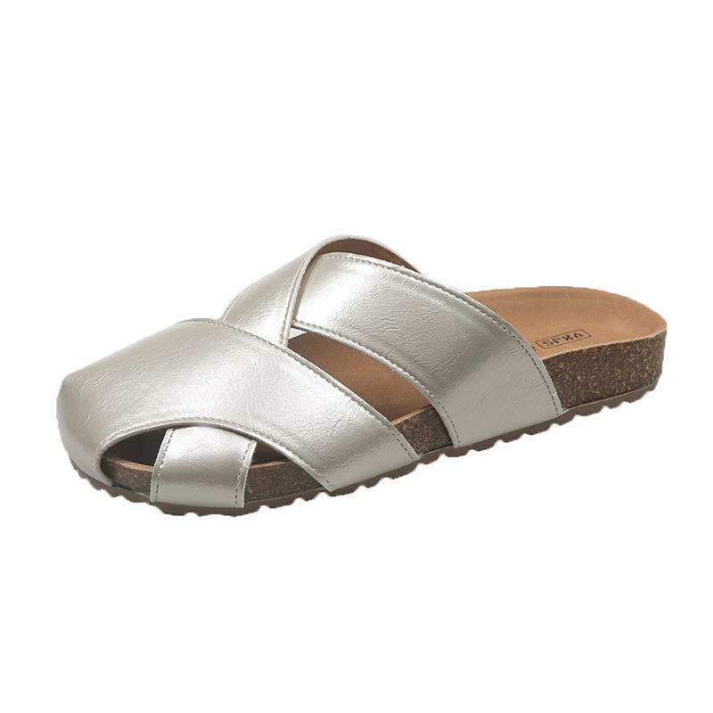 

Breathable hollow versatile lazy matte leather bag head half slippers women wear 2025 new summer flat bottom half tray shoes 40