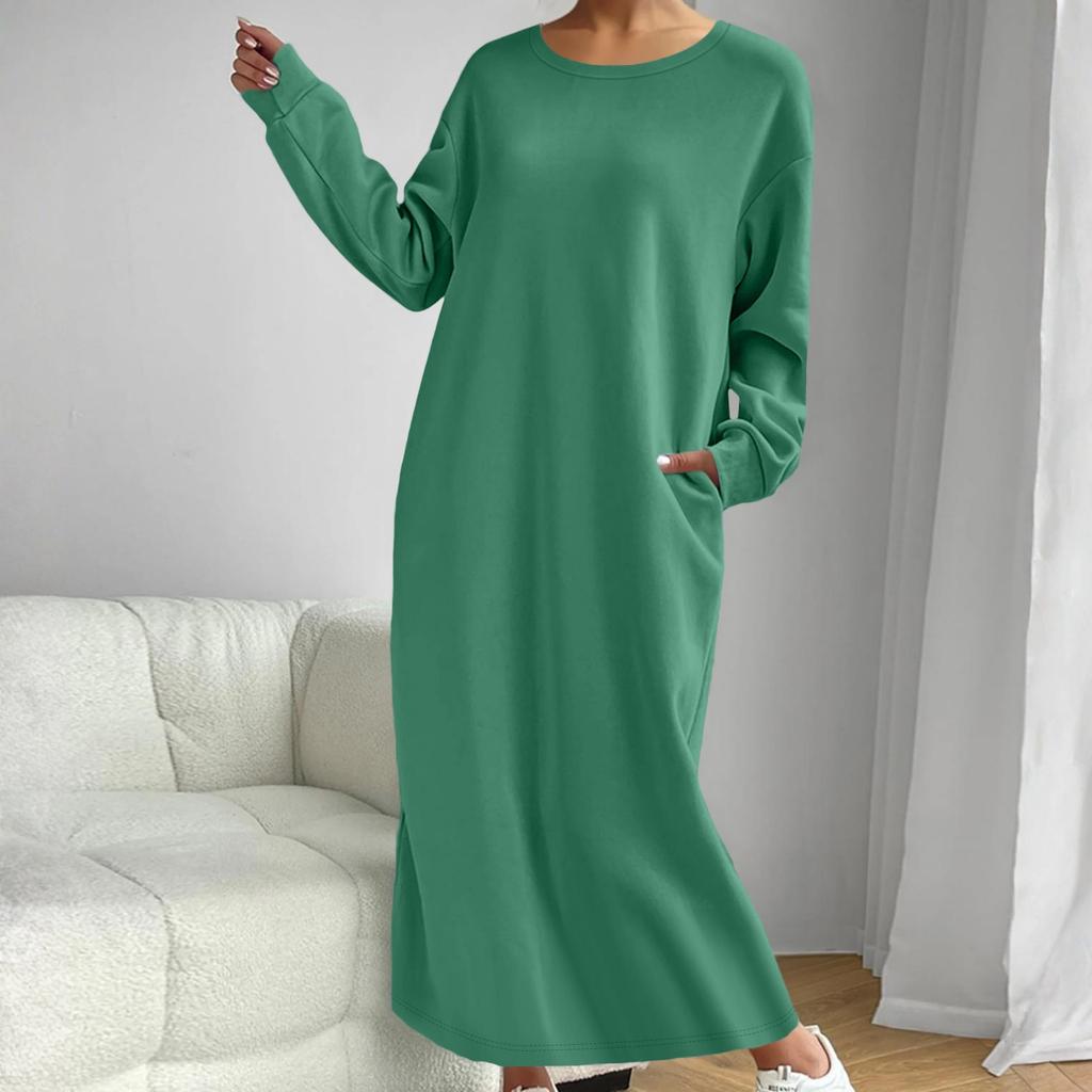 Women's Solid-color Fashionable Long-sleeved Round-neck Dress