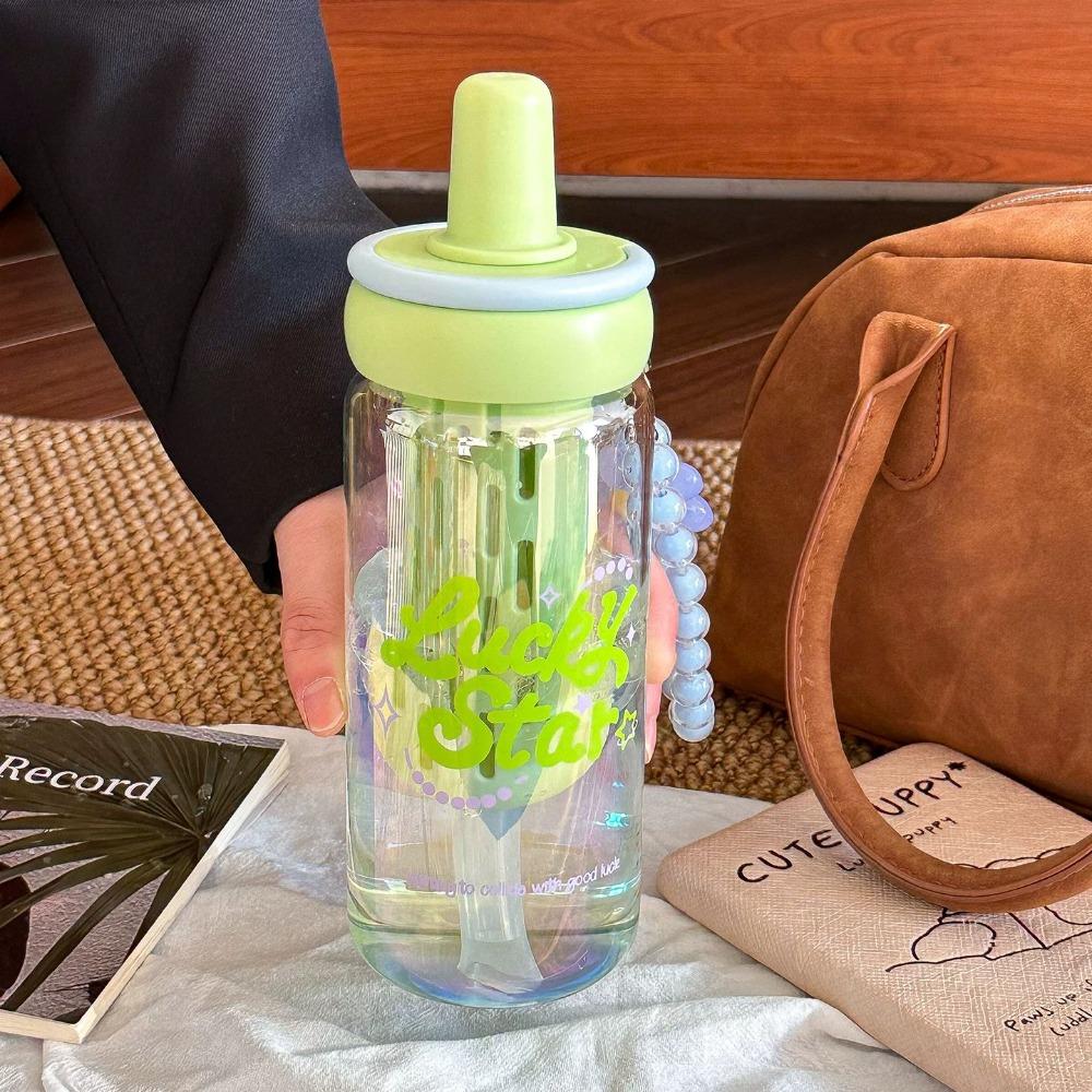 

630ml Glass Water Bottle with Straw with Infuser Filter Straw Cup High Temperature Resistant Portable Water Cup Summer Use зелёный