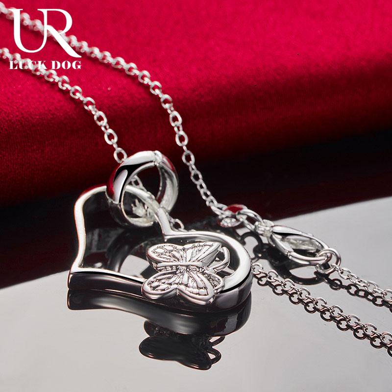 925 Sterling Silver Heart-shaped Butterfly 18 Inch Pendant Necklace Fashionable Wedding Jewelry