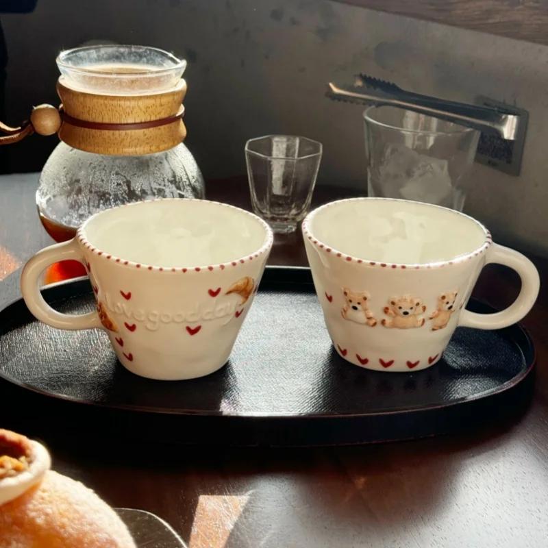300ml Hand-drawn Ceramic Mugs Relief Coffee Cup Hand Pinched Irregular Bear Milk Tea Cup Letter Waffle Croissant Oatmeal Mug
