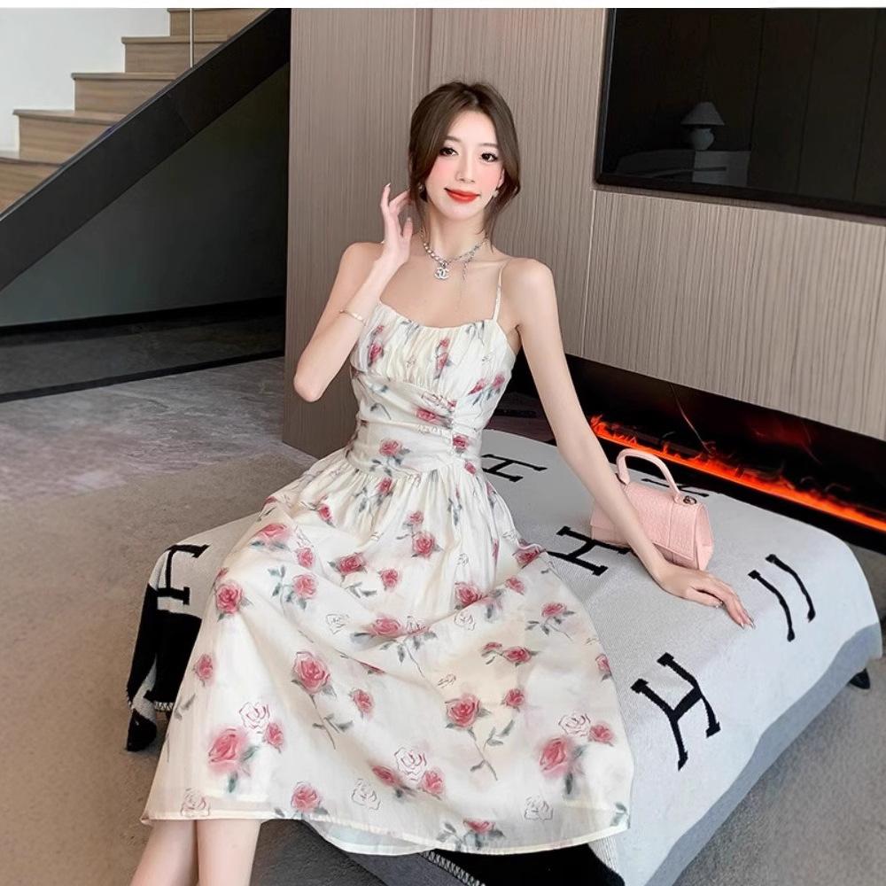 Romantic coffee break dress summer new suspender rose French waist floral seaside vacation fairy skirt tide