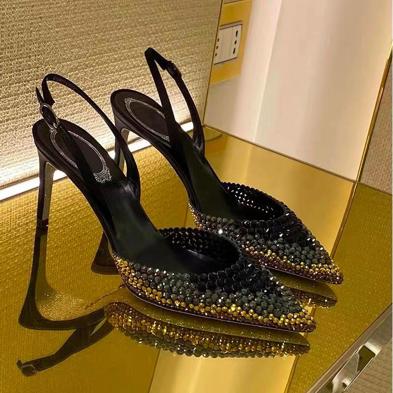 Fashion Star style Gradient Rhinestones Pointed toe Stiletto High heels Women Sandals Fashion Spring Summer Slingbacks Party Prom Shoes