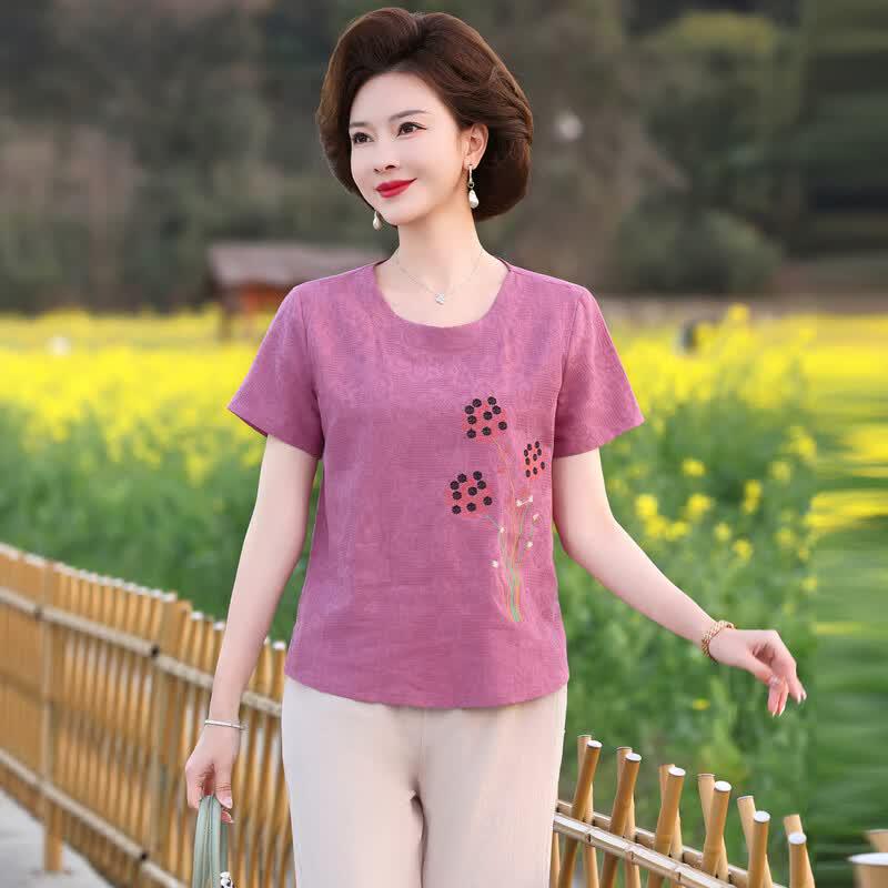 Yuzhaolin Elderly Women's Embroidered Summer T-Shirt