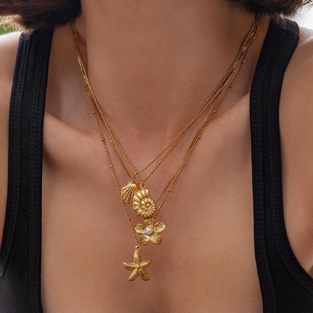 18k Gold Stainless Steel Flower Pendant Necklace Ocean Style Conch Starfish Scallop Shell Stacked Necklace