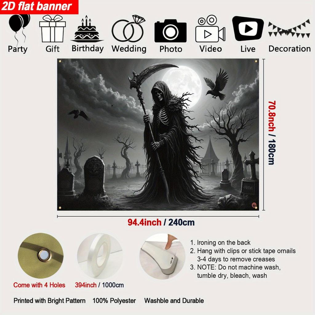2D flat 1pc Gothic Halloween banner - Death Skull cemetery background - Ghost Halloween party decoration