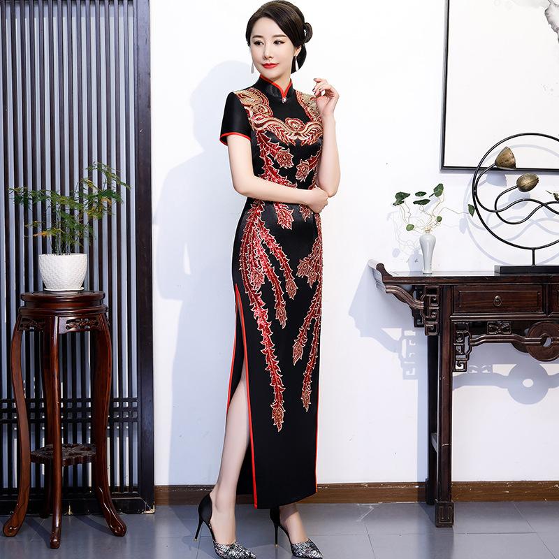 Cheongsam podyum havası zarif performans kıyafeti yeni sonbahar ince geliştirilmiş elbise kadın retro cheongsam