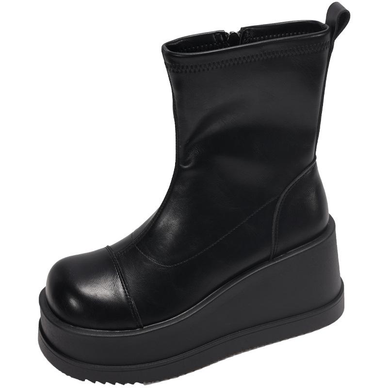 Fashion British Style Thick Bottom Round Head Ankle Boots for Women Female Autumn Thick Bottom Gothic High Heels Women's Short Boots