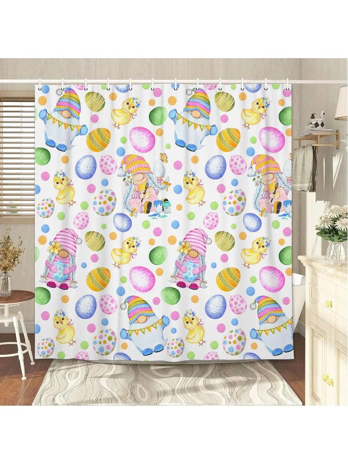 

Easter Shower Curtain Cute Gnome Happy Easter Bathroom Decor Set with Colorful Easter Eggs, Cloth Fabric Bathroom Decor Set wi 90x180cm