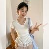 Special Korean pure desire V-neck lace splicing hem pleats waist pinch short-sleeved T-shirt women