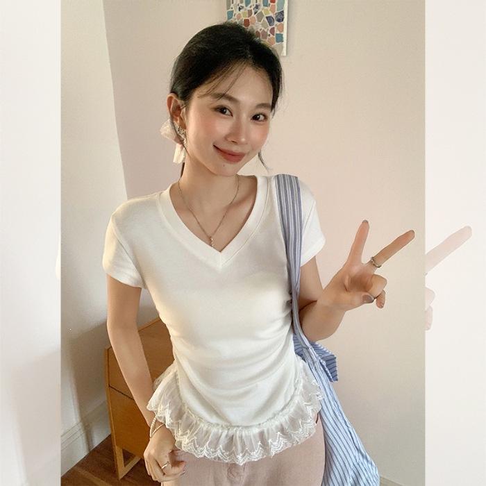 Special Korean pure desire V-neck lace splicing hem pleats waist pinch short-sleeved T-shirt women
