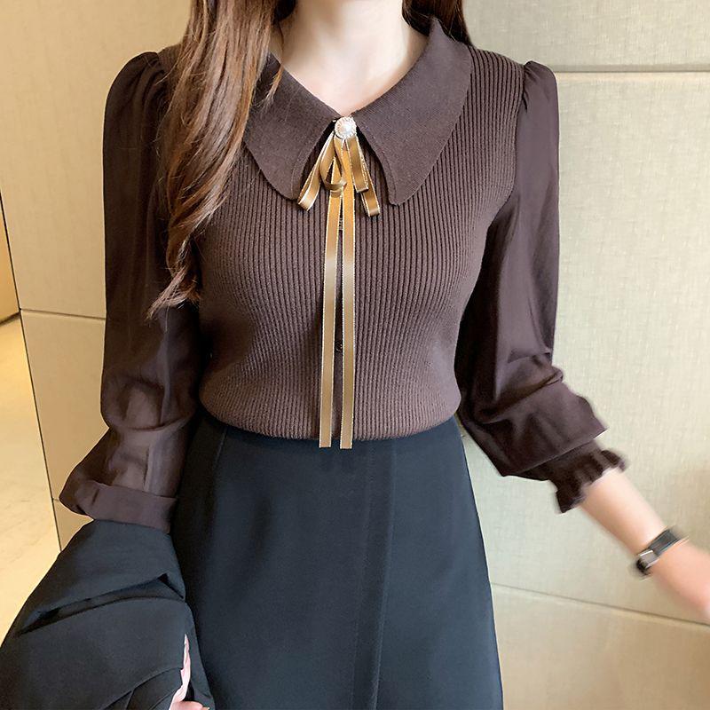 2025 Women's Slim Fit Chiffon Knit Sweater with Peter Pan Collar and Lantern Sleeves