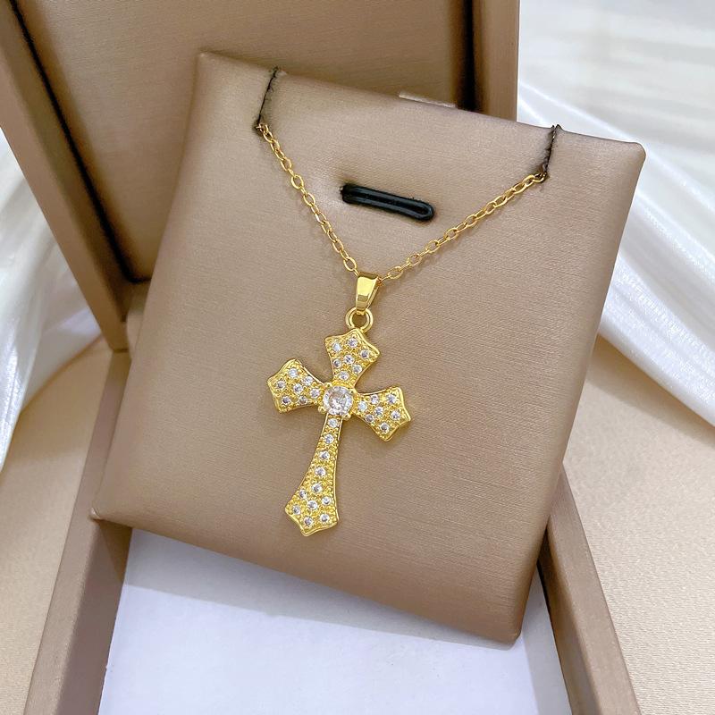 Stainless Steel Chain Luxury Zircon Cross Pendant Necklace for Women Men Trendy Cross Jewelry Gifts