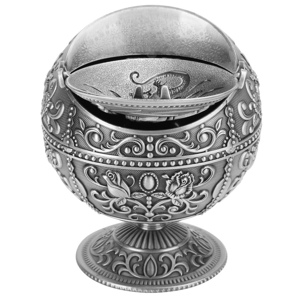 Vintage Ashtray Tellurion Shape Dragon Pattern Zinc Alloy with Lid Windproof Home Decor Craft