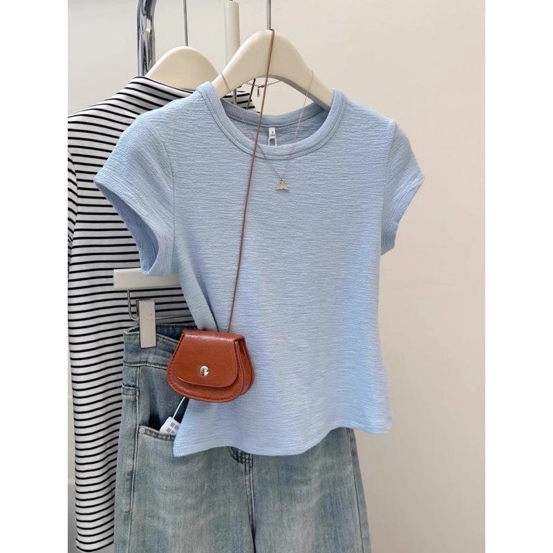 Milk blue texture Korean simple short-sleeved women's T-shirt summer slim-fitting and thin niche foreign style bottoming shirt top