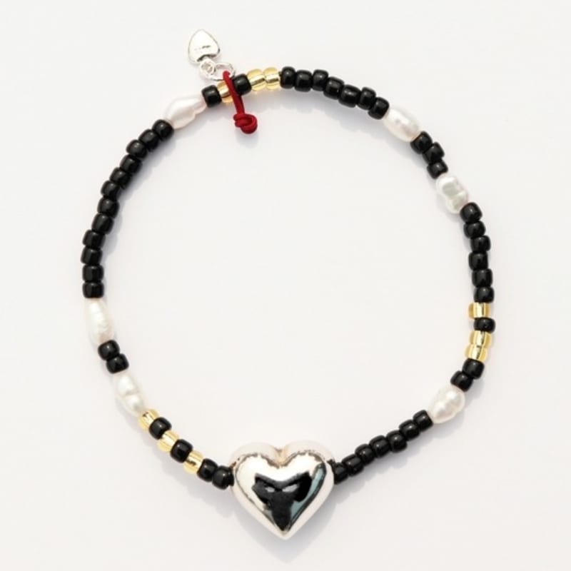 BONBEAU Silver Heart Pearl and Beads Bracelet 925 Silver Plump Heart Freshwater Pearl Bead Banding Bracelet