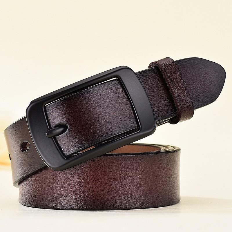 Womens Genuine Leather Belt With Square Pin Buckle Slim 2.8cm Width Retro Minimalist Waistband Jeans Office Wear
