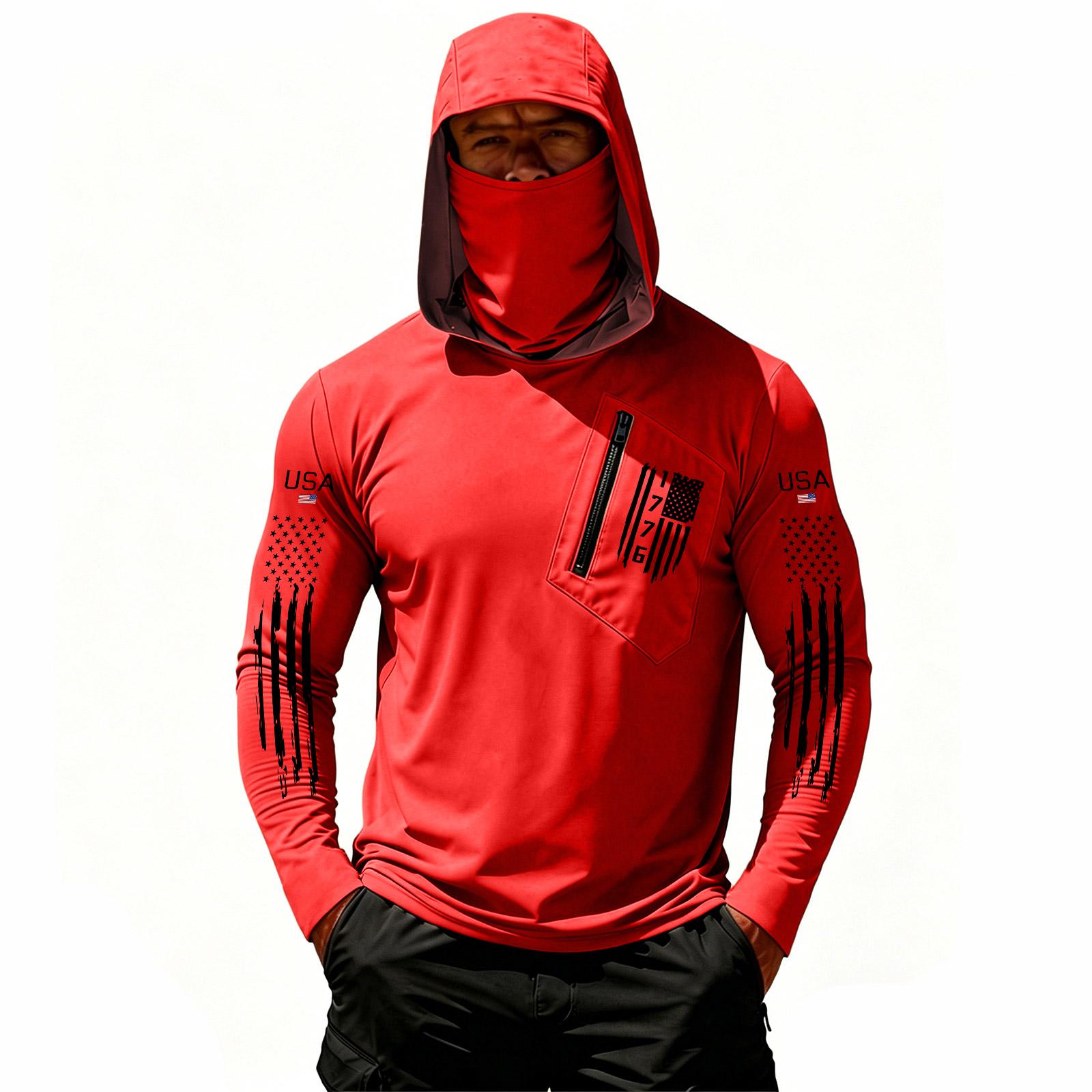 

Men s Hooded Long Sleeve T-Shirt Lightweight Pullover Sun Casual Athletic Top with Pocket L красный