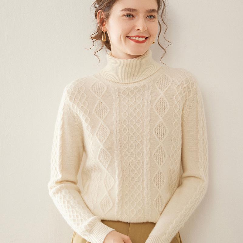 Ladies' Retro High-Neck Double-Strand Cashmere Knit Pullover