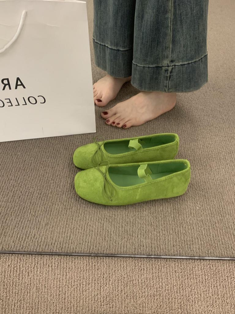 French Flat Bottom Square Head Bow Dopamine Flat Bottom Mary Jane Not Tired Feet Soft Bottom Suede Ballet Single Shoes Women