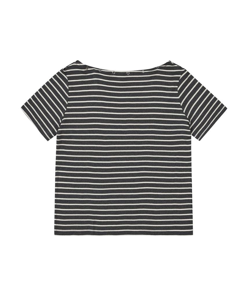 Aejeuyua Striped Off-Shoulder T-Shirt Charcoal