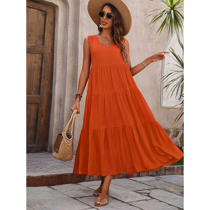 

V-neck Cake Skirt2025 New Arrival Elegance Holiday Cake Dress V Neck Layered Patchwork Loose Dress Orange L