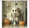 Lustiger Geister Duschvorhang Rustikale Kürbis Halloween Niedlicher Humor Geist Sitzt Auf Toilette Liest Zeitung Vintage Land
