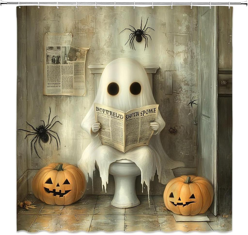 Lustiger Geister Duschvorhang Rustikale Kürbis Halloween Niedlicher Humor Geist Sitzt Auf Toilette Liest Zeitung Vintage Land