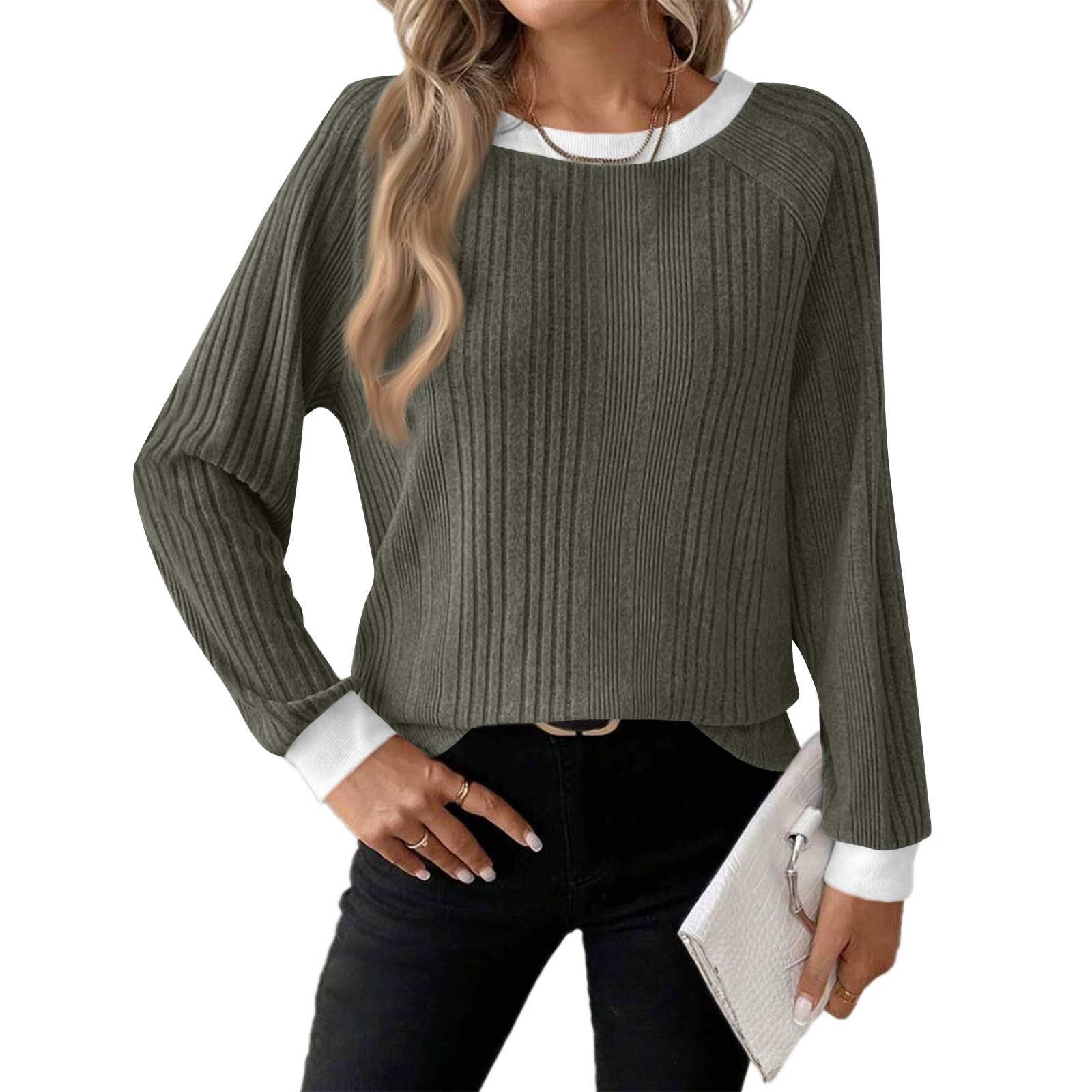 

Женский модный повседневный топ с круглым вырезом, однотонный, с длинным рукавом XXL