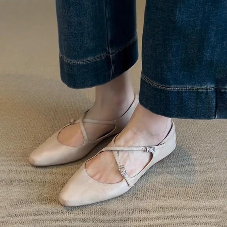 Sheepskin version~ retro literary style, shallow mouth, genuine leather, Mary Jane shoes, women's commuting cross-buckle round head flat-soled singl