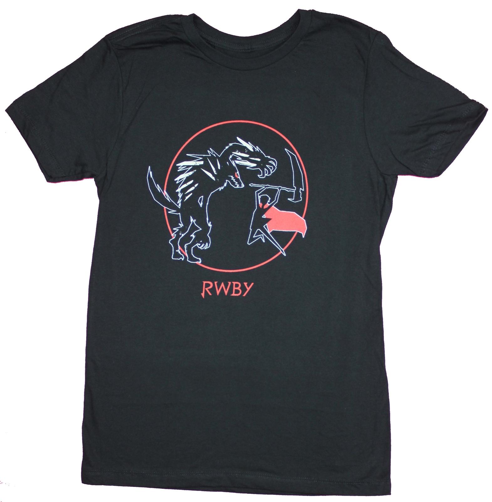 RWBY Mens T-Shirt - Ruby Jumping Attacking Beowolves Circle Image L