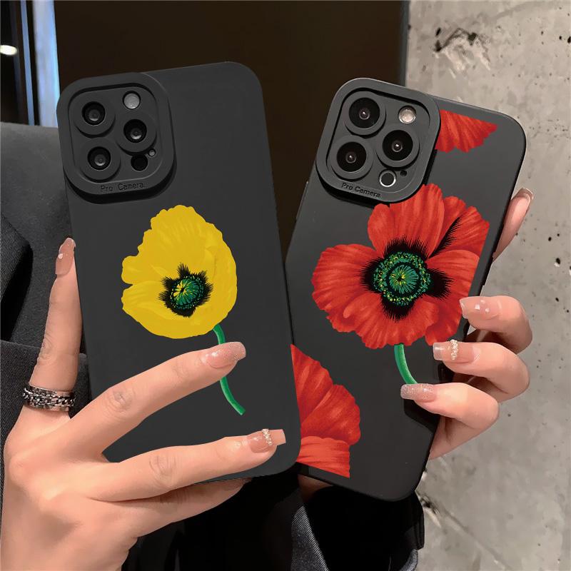 Poppy Flower Bloom Phone Case Black Color For iPhone 7 8 Plus SE2 13 12 11 14 Pro Max X XR XS Soft Silicone Cover Funda Shells